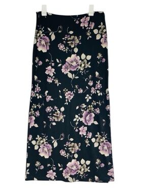 La Belle Floral Maxi Skirt LG Black Lavender Moody Print Slinky Cottage Grunge
